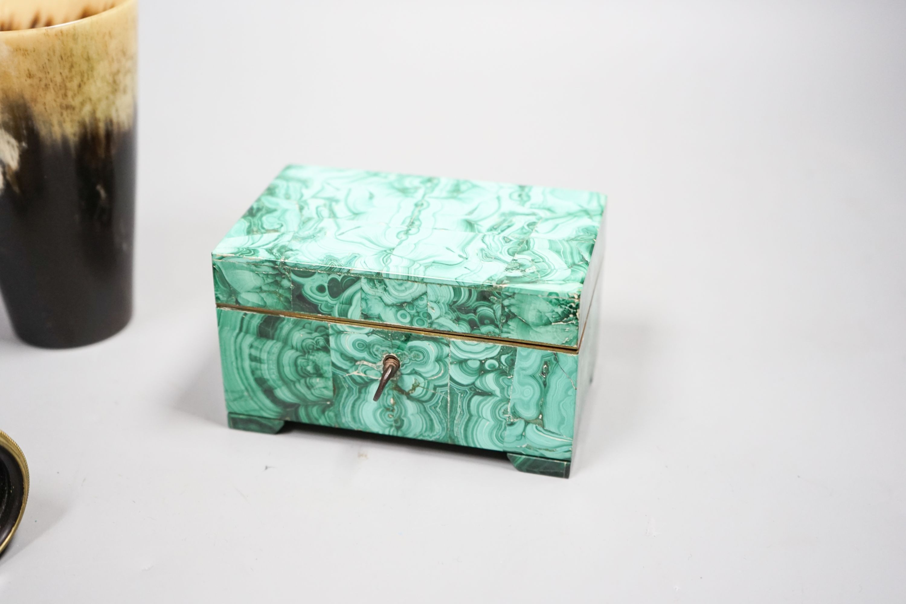 A malachite box, snuff box, miser purse etc, patent leather case, opera glasses